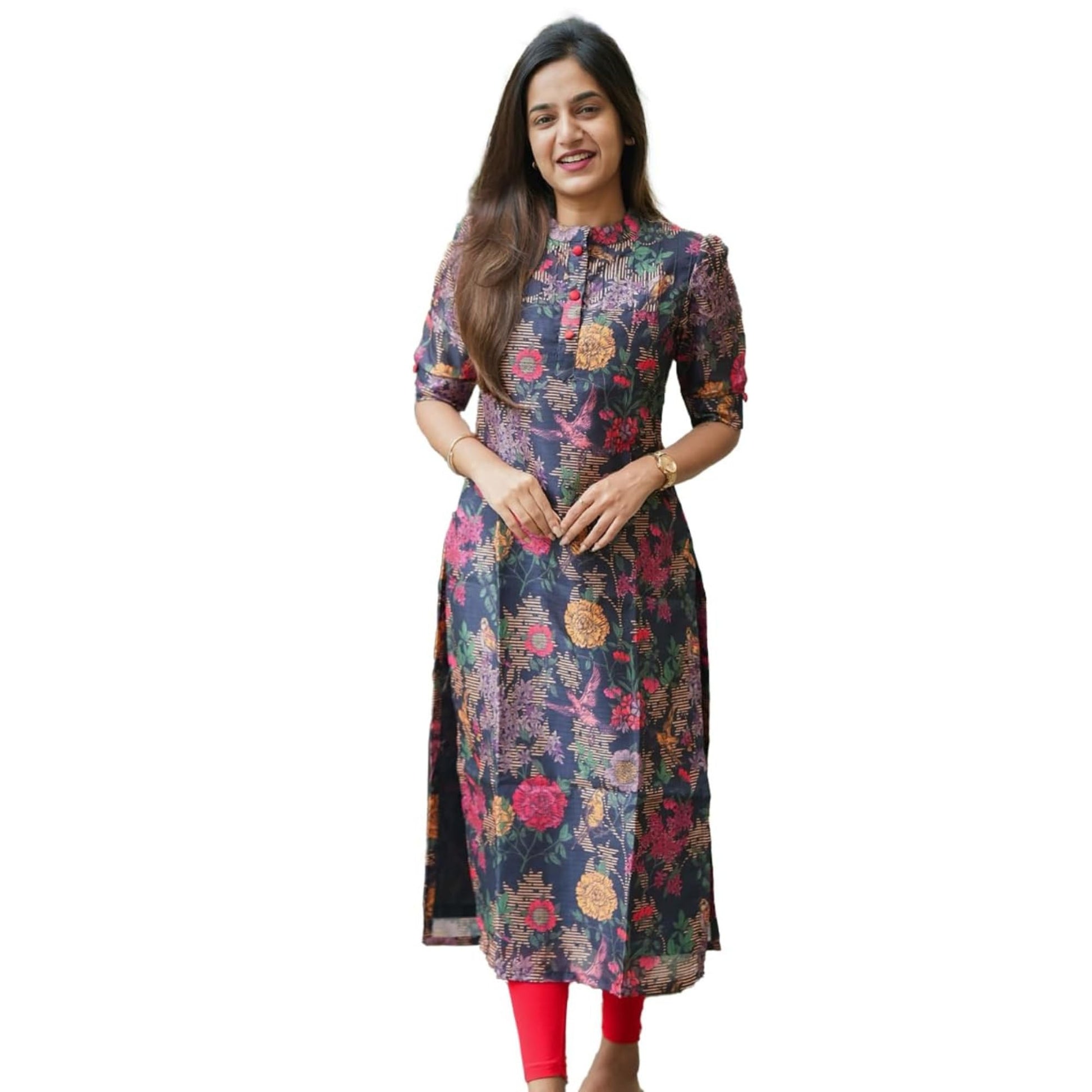 24 Carat Suit WomenS Chanderi Blend Kurta With Floral Printed Regular Fit Mandarin Collared Neck Down Button Half Sleeve Calf L