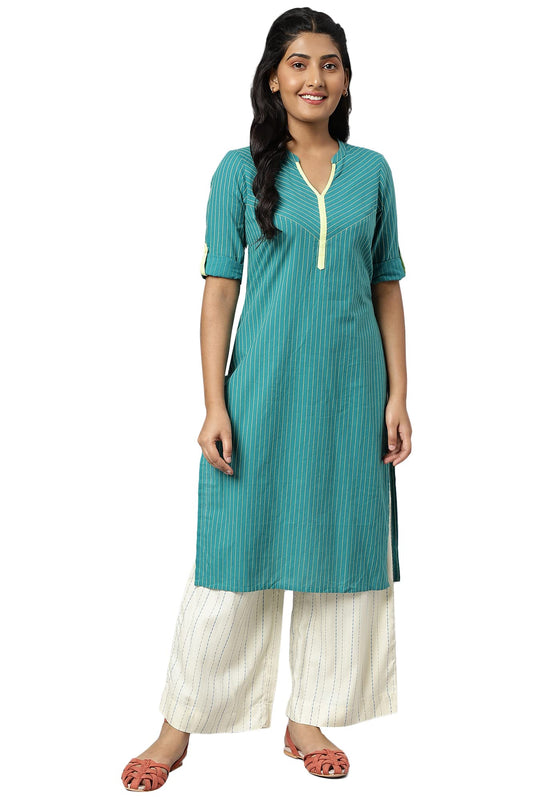 Aurelia Women Deep Lake Dobby Floral Printed Straight Kurta