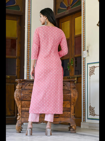 GoSriKi Women's Cotton Blend Straight Printed Kurta with Pant (Tai Pink-2NW-GS)