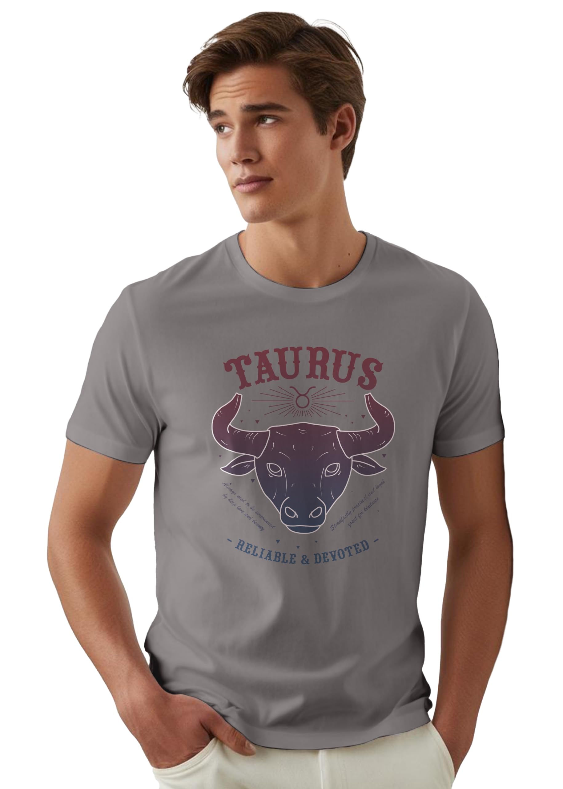Peppyzone Mens Regular Fit T-Shirt (PZ-ZodiacTaurus6011_Grey