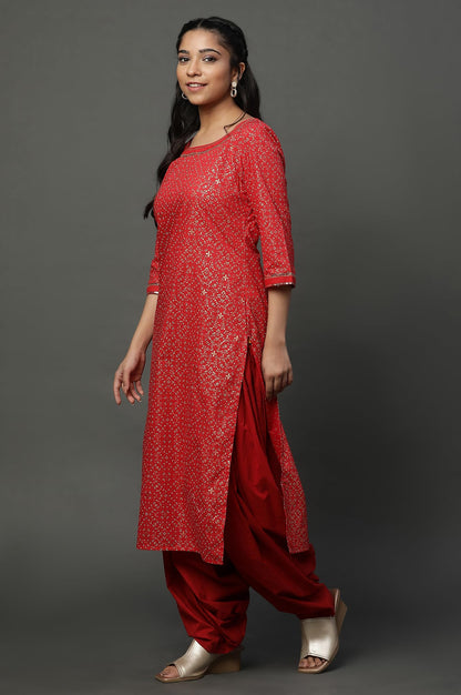 Red Foil Printed Ethnic Kurta