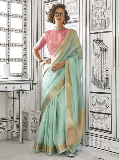 Madhuhansh Womens Soft Linen Saree With Unstitched Multicolor Paisley Blouse Piece Saree With Satin Border Comfortable Skin Frie
