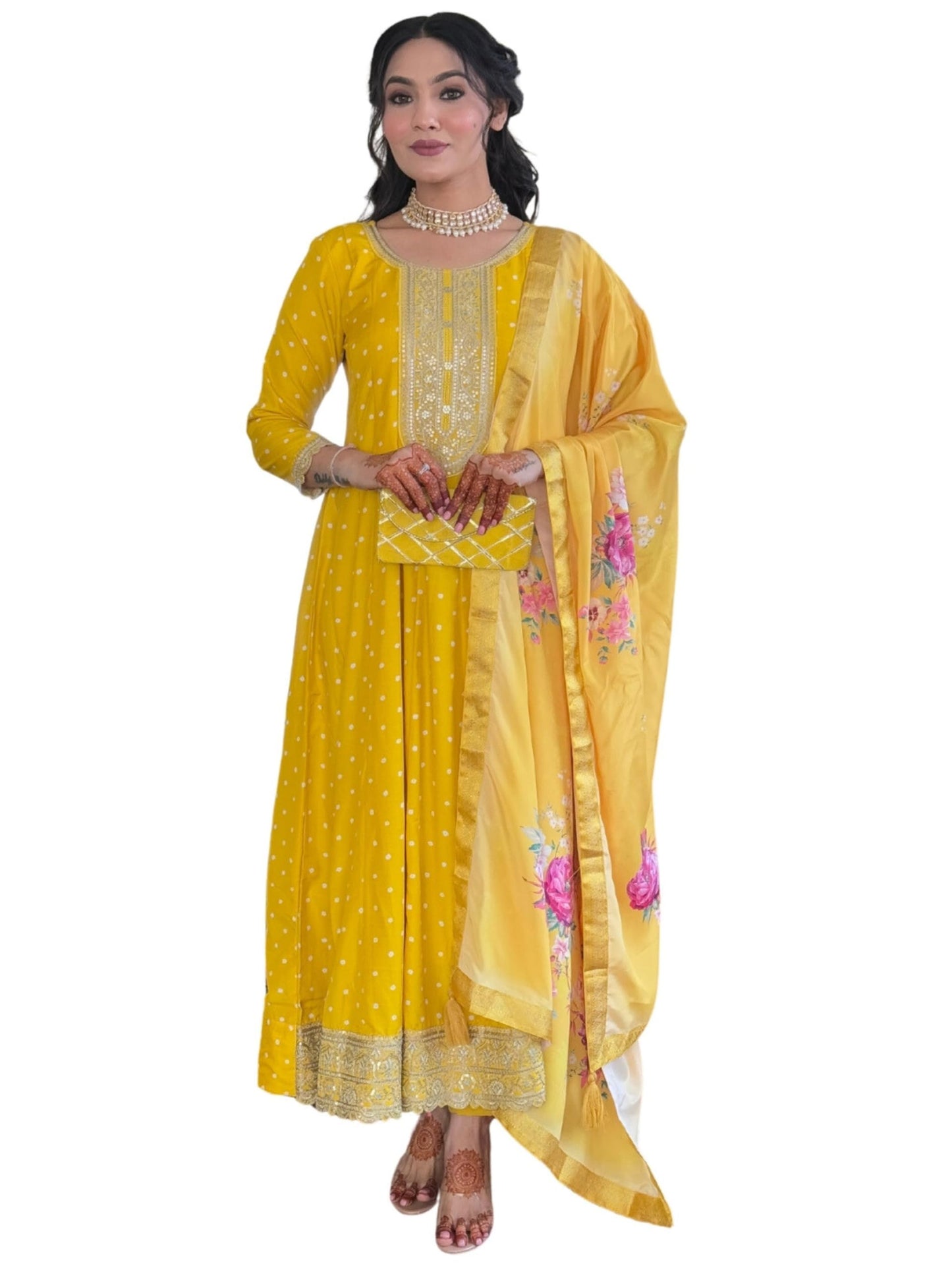 Naixa WomenS Yellow Vichitra Silk With Cotton Lining Embroidered Flared Kurta With Rayon Pant And Art Silk Printed Dupatta Sets