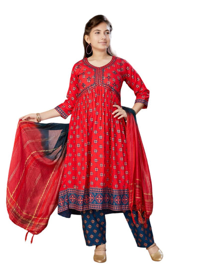 Aarika Girls Ethnic Wear Red Colour Foil Print Mirror Embroidery Rayon Kurti (9-16 Years)
