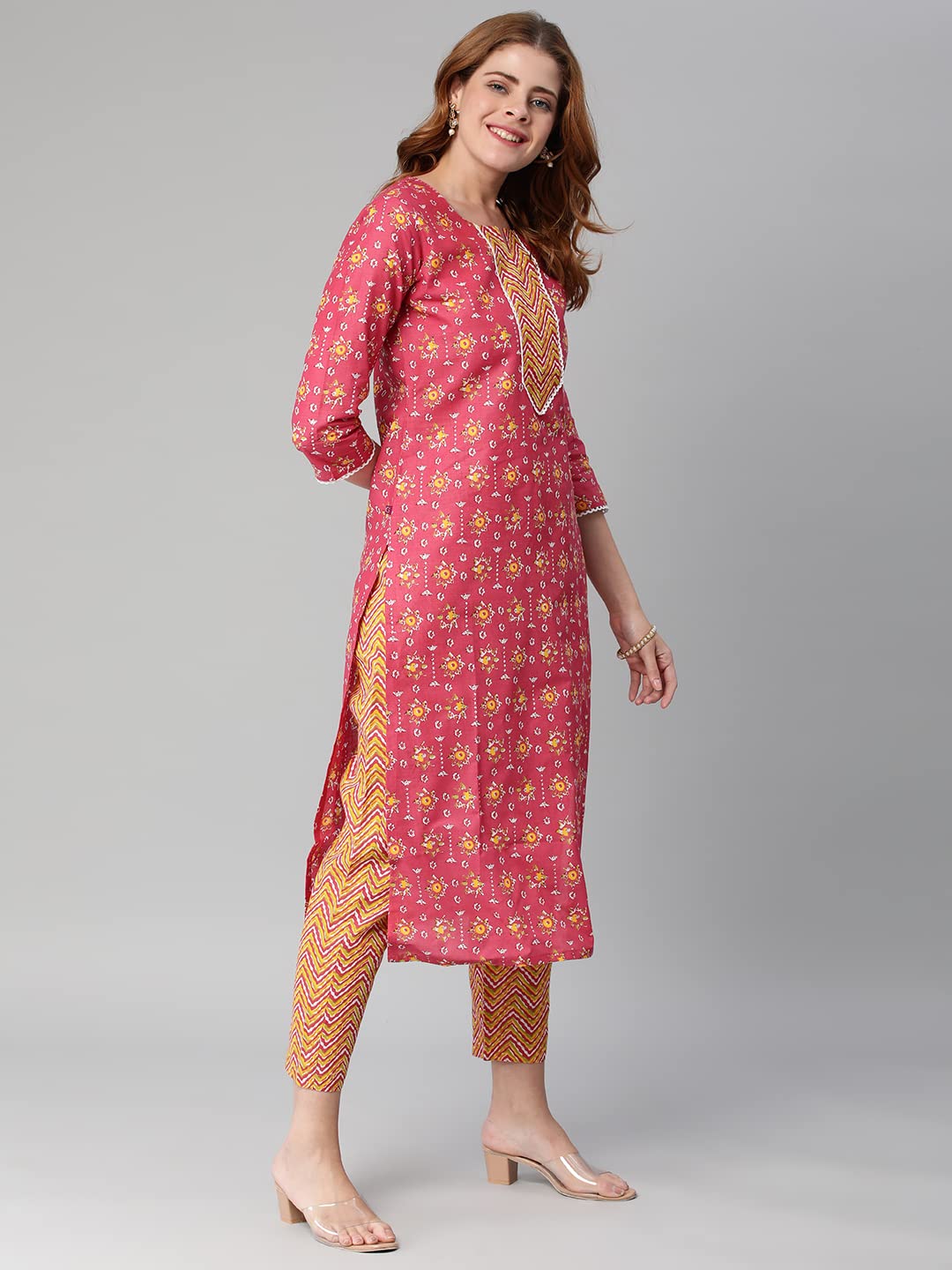 ANNI DESIGNER Women's Cotton Blend Traditional Straight Printed Kurta with Pant (Mikaa Pink-Nw5)