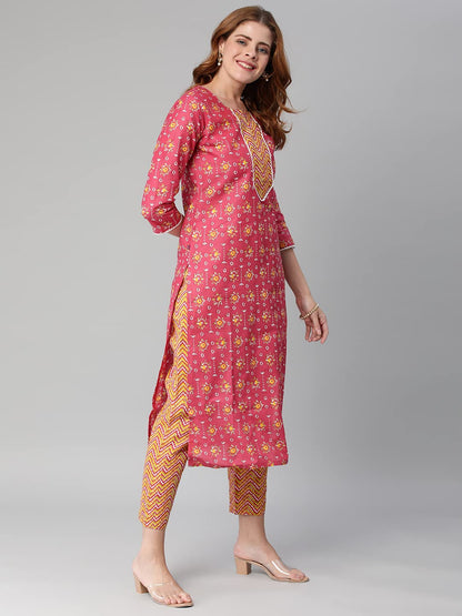 ANNI DESIGNER Women's Cotton Blend Traditional Straight Printed Kurta with Pant (Mikaa Pink-Nw5)