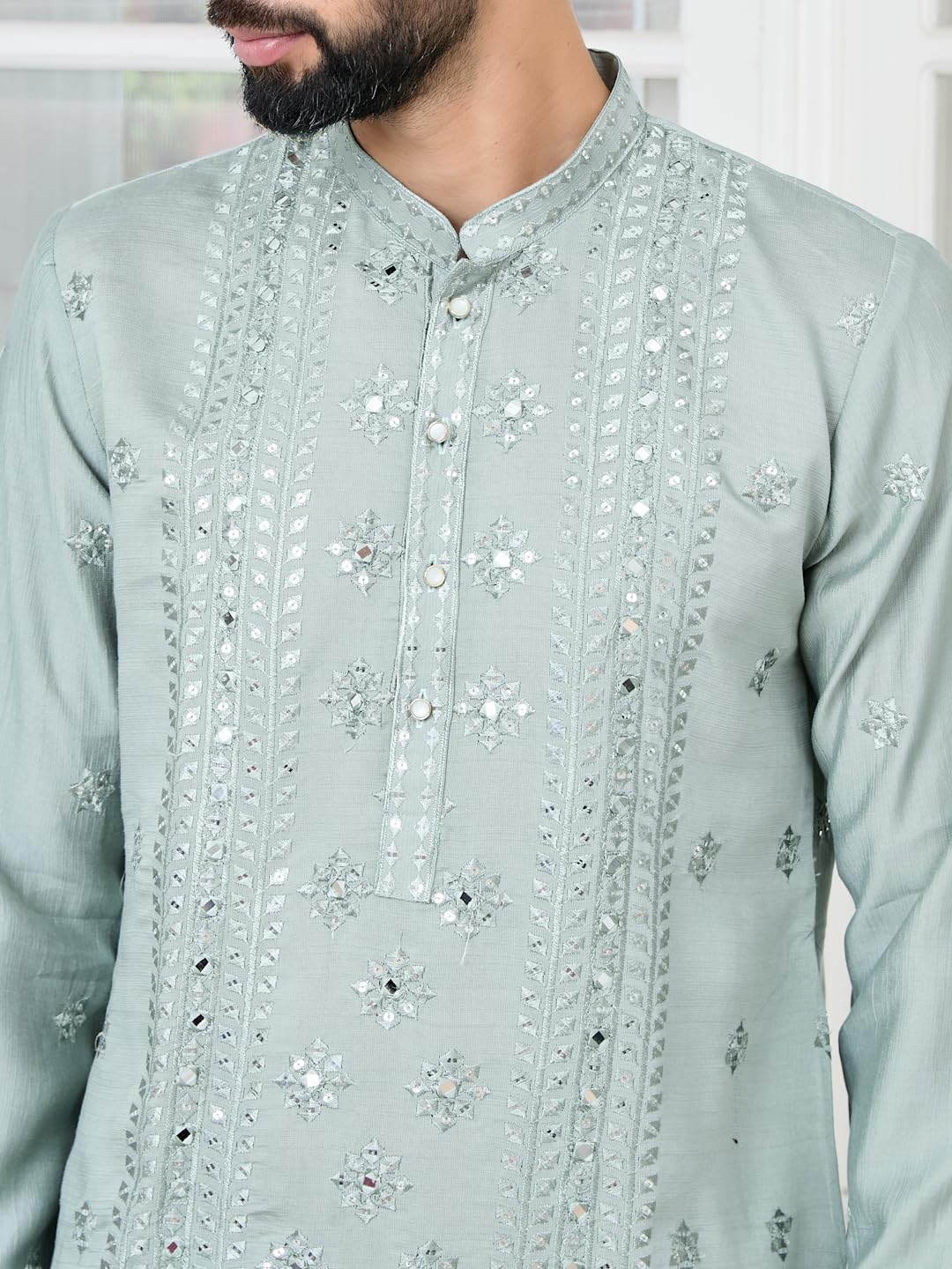 See Designs Mens Full Sleeve Mandarin Collar Grey Mirror Worked and Sequin Embroidered Straight Long Kurta - Festive Collection