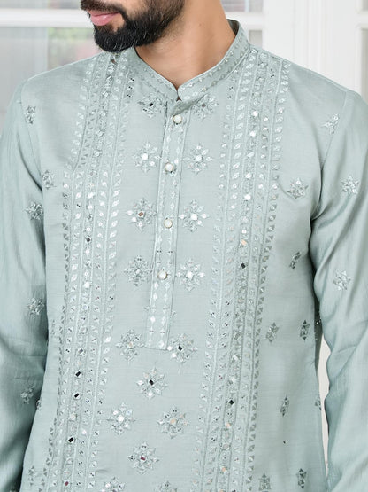 See Designs Mens Full Sleeve Mandarin Collar Grey Mirror Worked and Sequin Embroidered Straight Long Kurta - Festive Collection