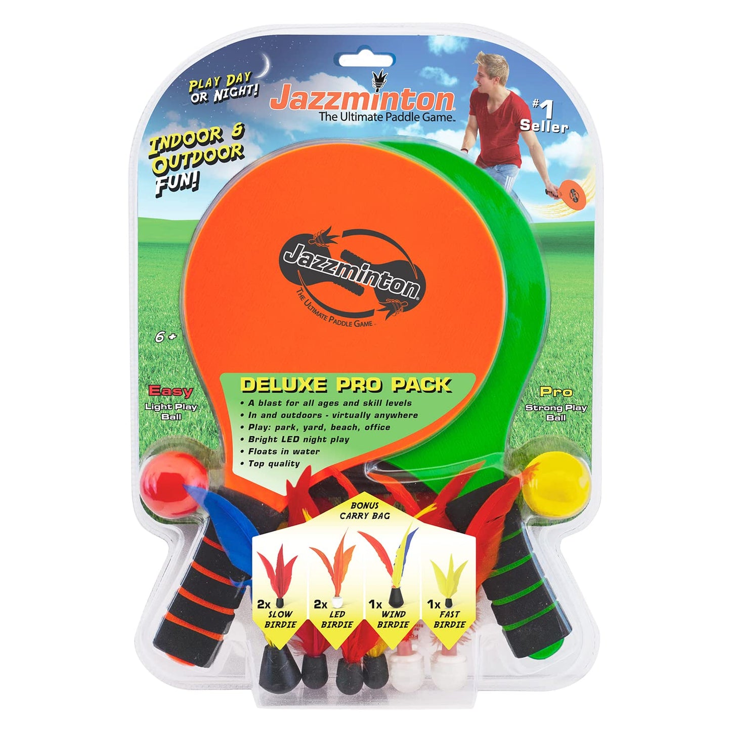Jazzminton Paddle Ball Game - Deluxe LED Birdie - Indoor/Outdoor Fun for All Ages - One Size - Red - Model JM1300