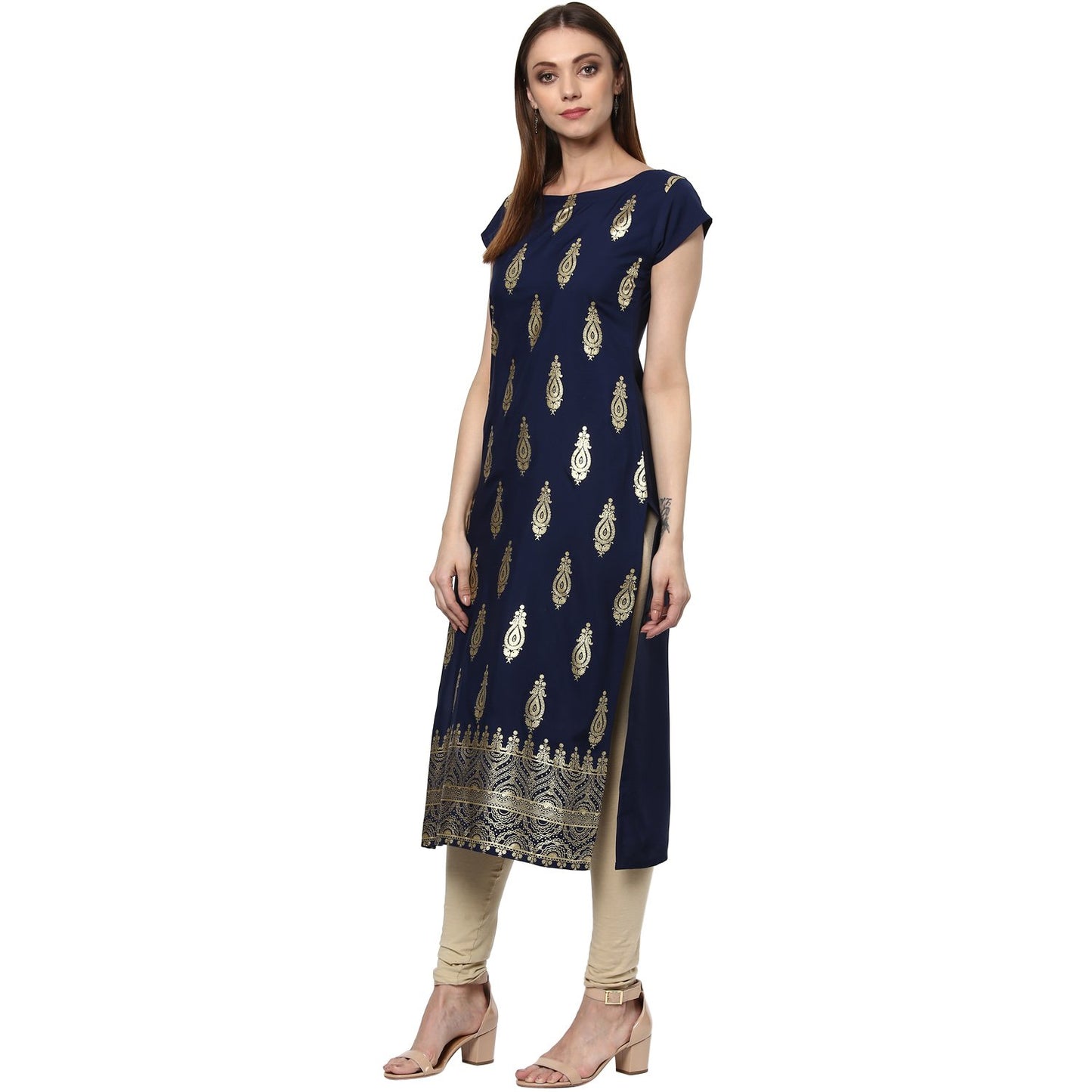 ZIYAA Women's Blue Color Self Print Straight Crepe Kurta