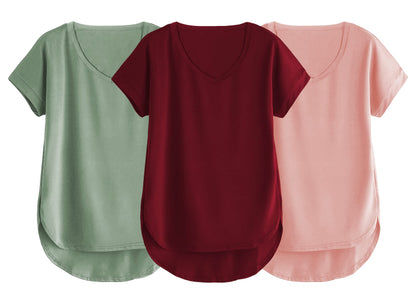 Fabricorn Combo Of Three Plain Maroon, Sage Green And Dusty Rose V-Neck Up And Down Cotton Tshirt For Women (Maroon, Sage Green,