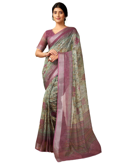 Satrani Womens Linen Printed & Zari Border Ready To Wear One Minute Pre Pleated Readymade Saree with Unstitched Blouse Piece (3