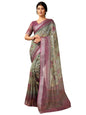 Satrani Womens Linen Printed & Zari Border Ready To Wear One Minute Pre Pleated Readymade Saree with Unstitched Blouse Piece (3
