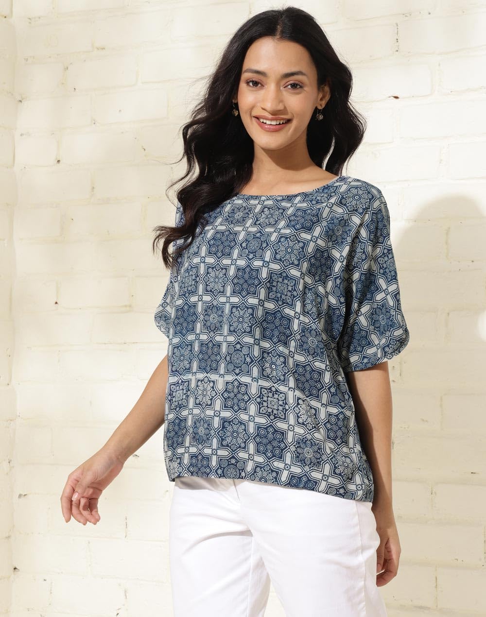 Fabindia WomenS Printed Regular Fit Tops (1037454Blue_Blue
