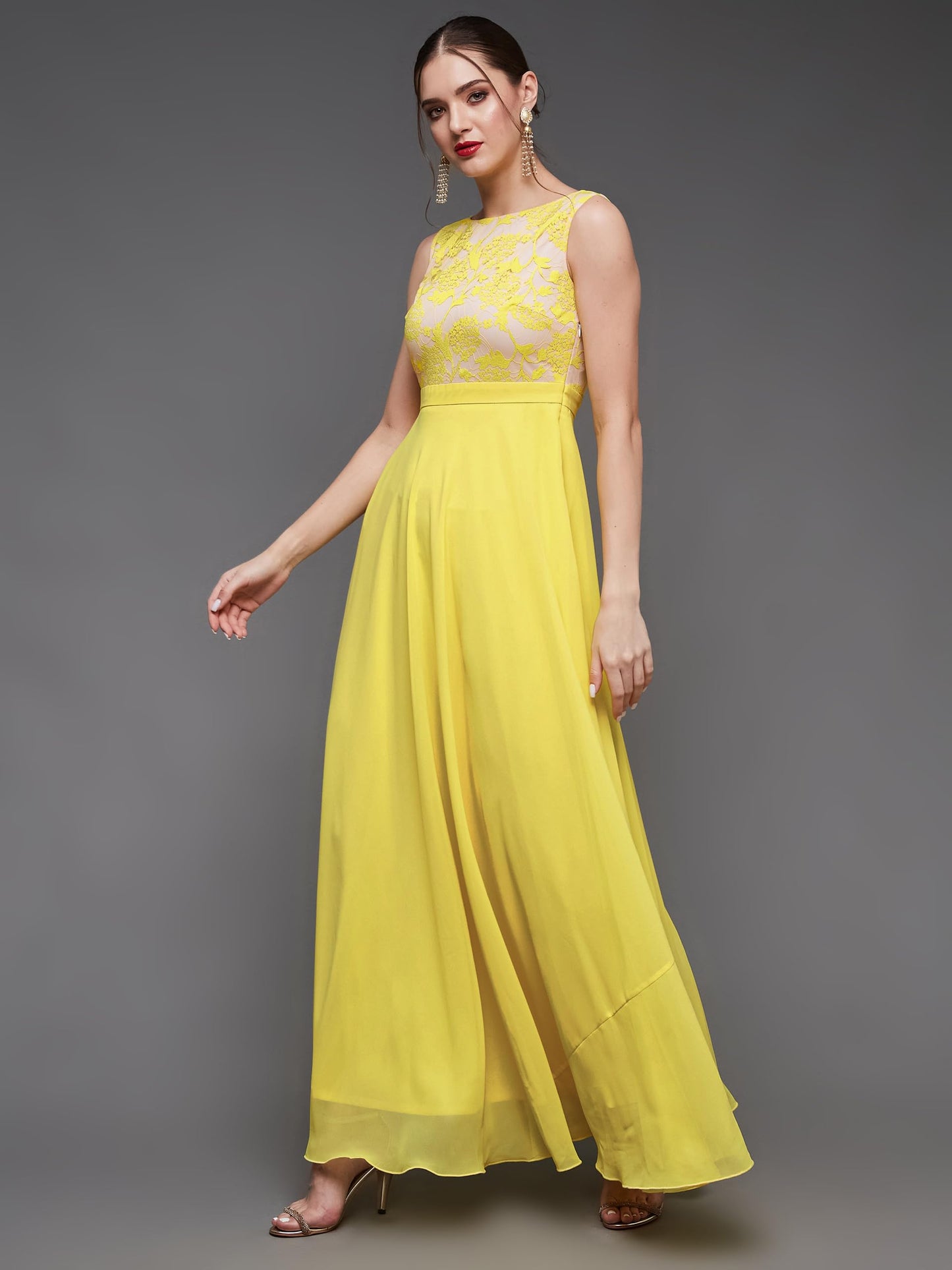 Miss Chase WomenS Round Neck Sleeveless Georgette Floral Lace Fit & Flare Maxi Dress Light Yellow