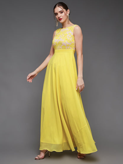 Miss Chase WomenS Round Neck Sleeveless Georgette Floral Lace Fit & Flare Maxi Dress Light Yellow