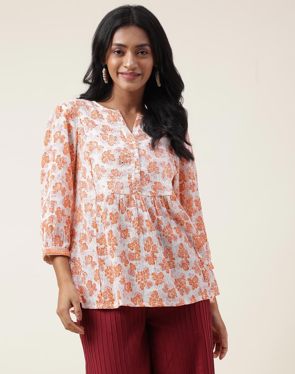 Fabindia Women's Embroidered Regular Fit Top (1030620ORANGE_Orange