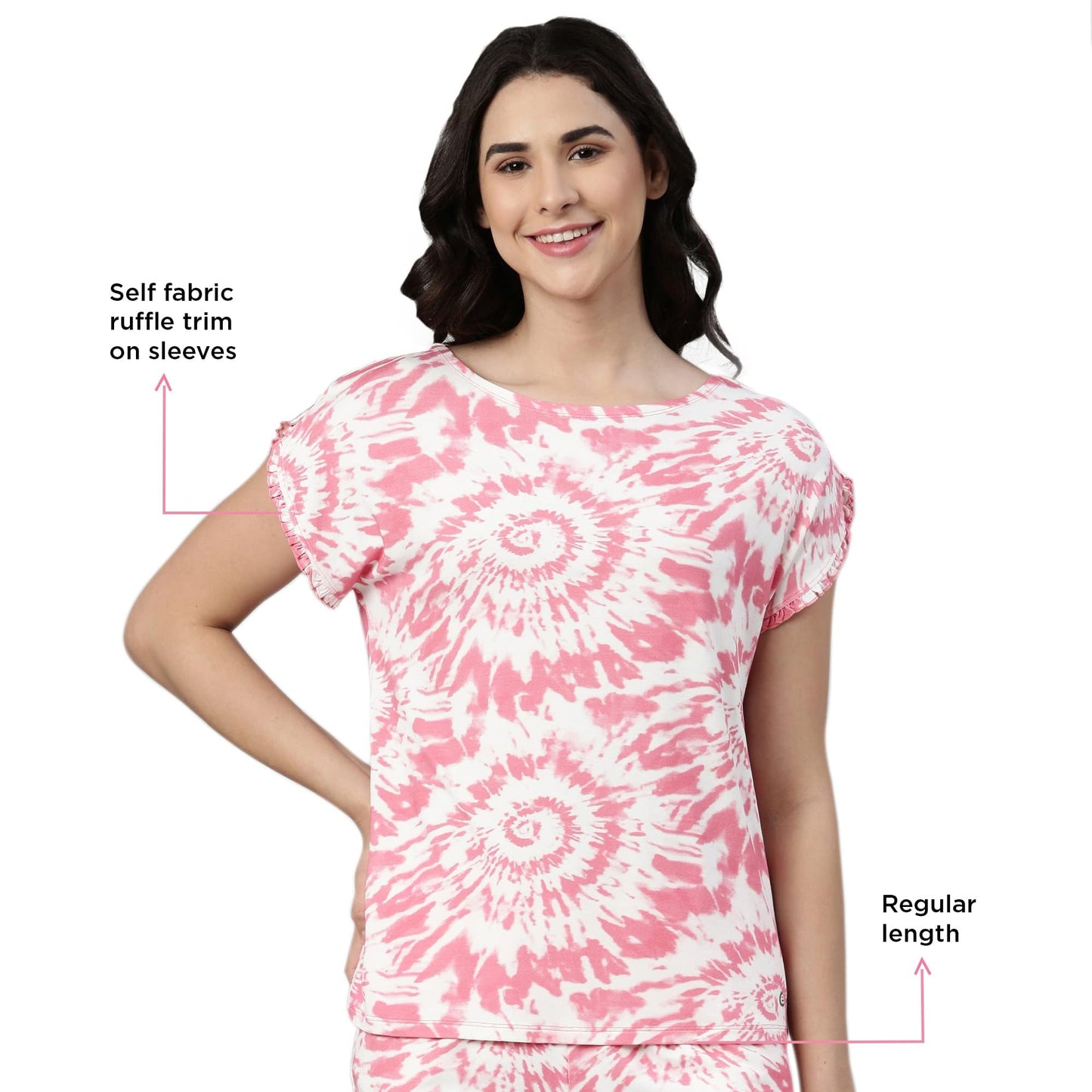 Enamor EC14 Tie & Dye Printed Home Tee and Shorts Set for Women with Ruffled Trim