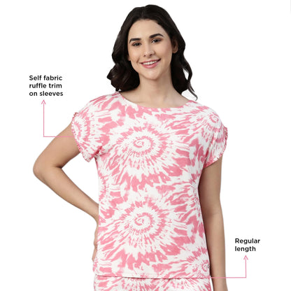 Enamor EC14 Tie & Dye Printed Home Tee and Shorts Set for Women with Ruffled Trim