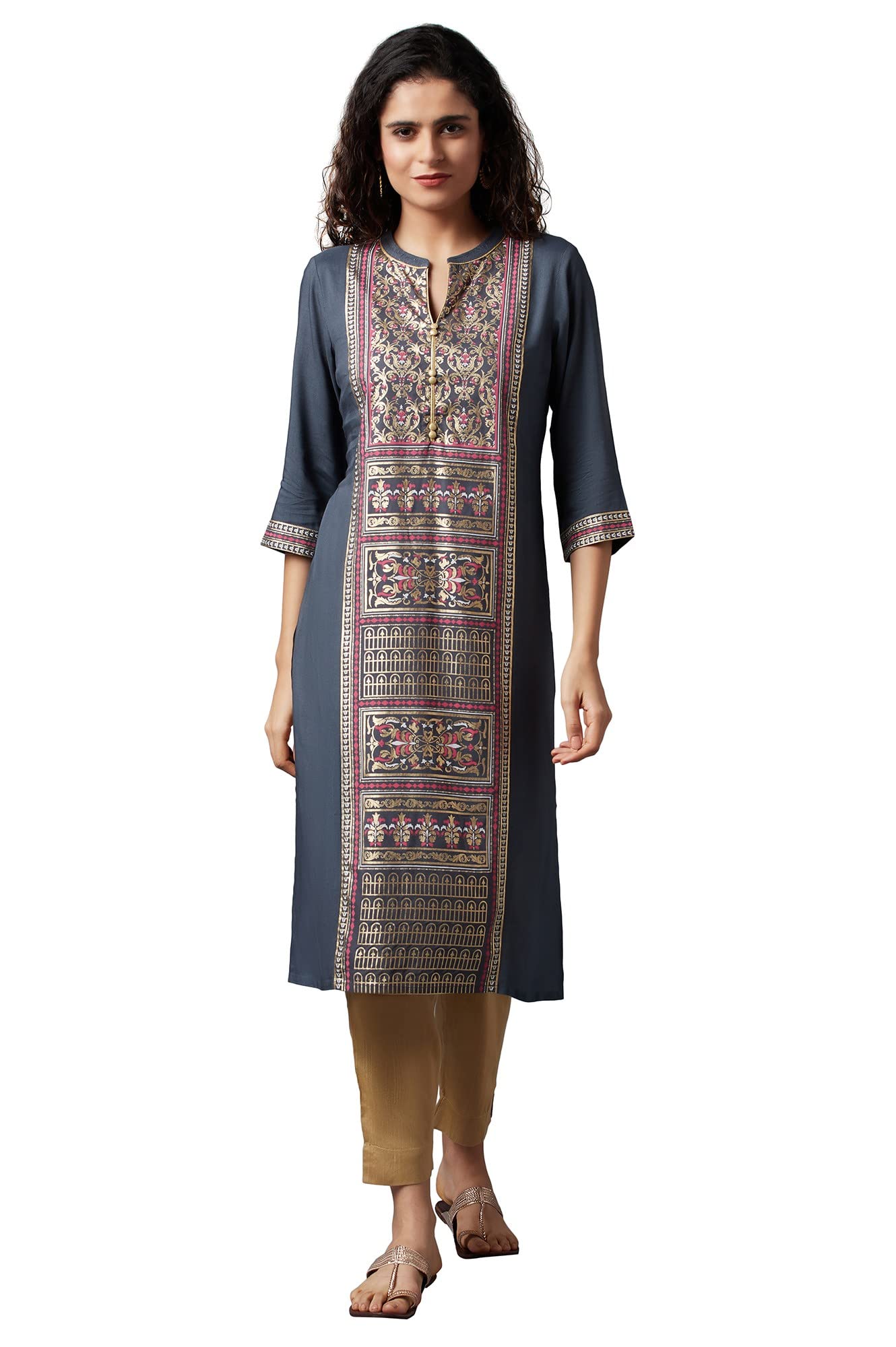 Aurelia Women's Viscose Grey Floral Band Collar Straight Kurta