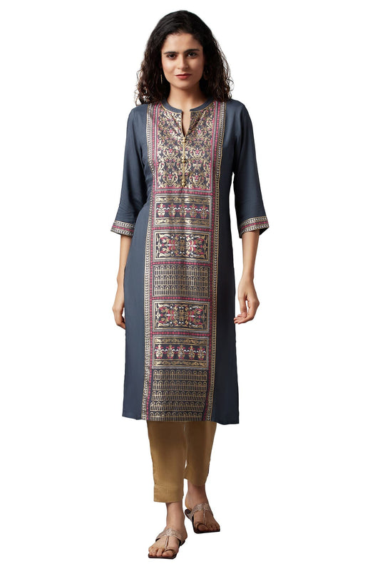 Aurelia Women's Viscose Grey Floral Band Collar Straight Kurta