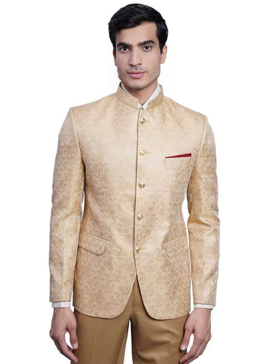 WINTAGE Mens Banarasi Rayon Cotton Festive and Casual Bandhgala Jodhpuri Blazer : Beige1