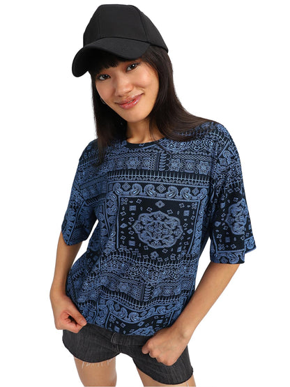 Juneberry Oversized Loose Fit Relaxed Wide Fit Cotton Paisley Half Sleeves Navy Blue Colour T-Shirt For Womens & Girls, Attracti