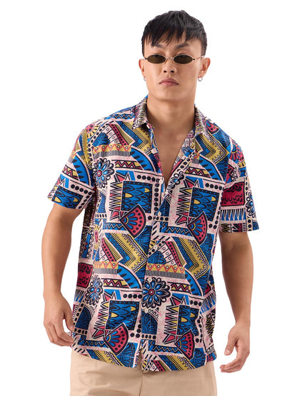 The Souled Store Enigma Men and Boys Short Sleeves Collared Neck Button Front All Over Printed Cotton Holiday Shirts