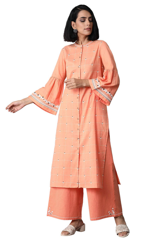 W for Woman Women Cotton Straight Fit Solid Mandarin Collar Straight Kurta