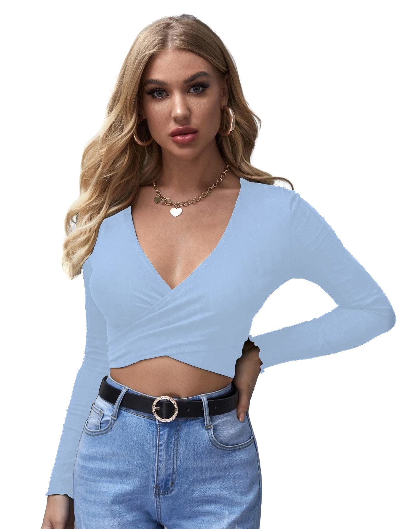 Shasmi Womens & Girls Sky Blue Full Sleeve, V-Neck, Ruched Bust Solid Tops for Women/Tops, T-Shirts for Girls (TOP 64 Sky Blue