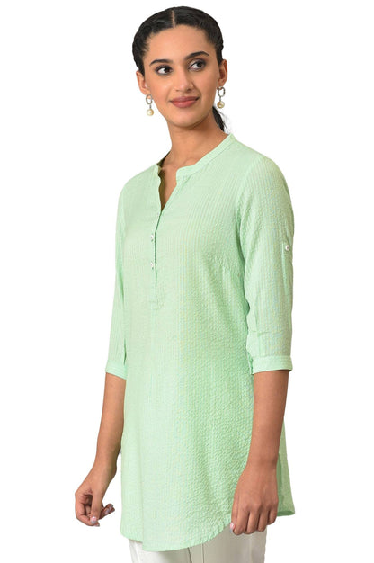 Aurelia Green Textured Cotton Rayon Blend Regular Kurti