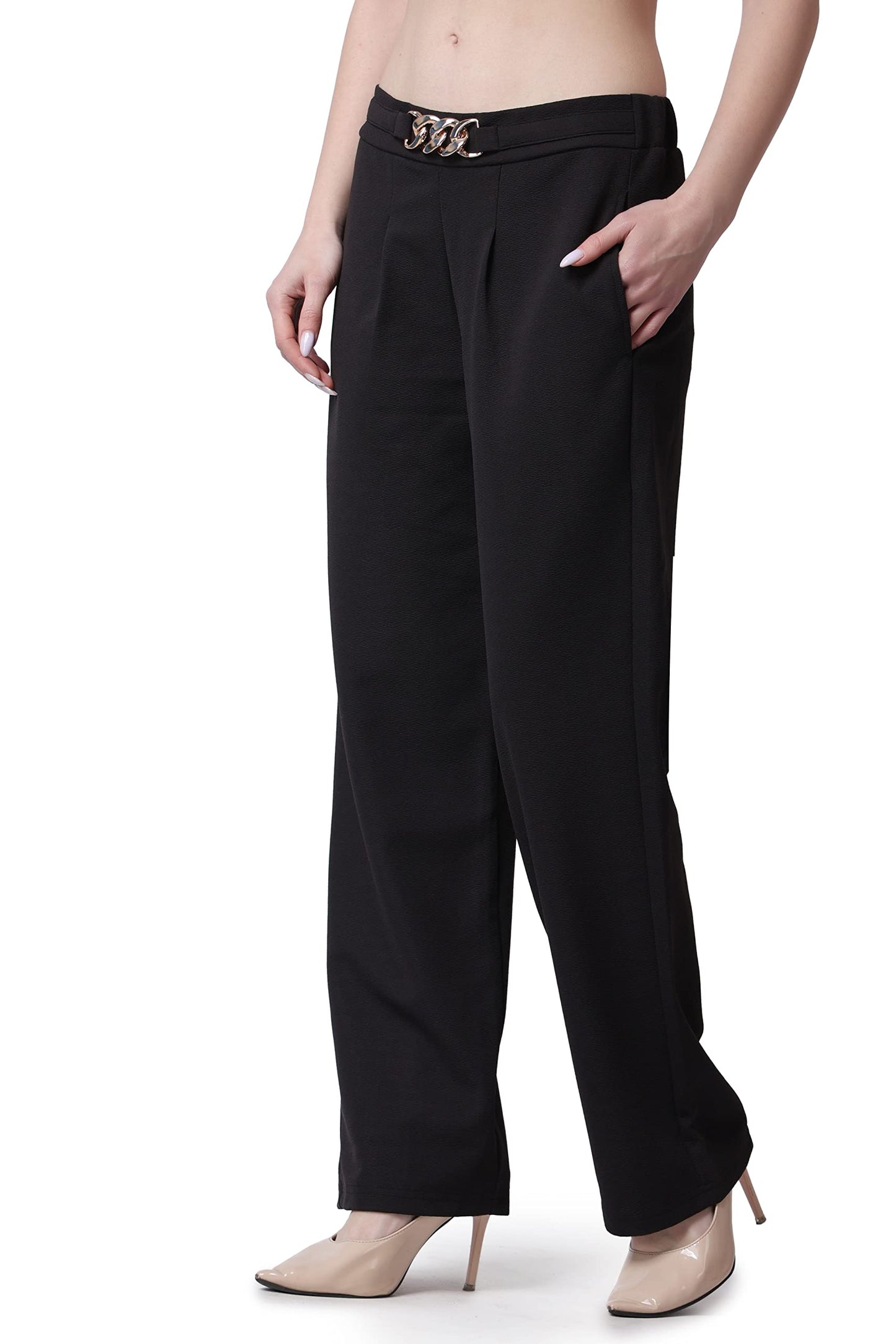 POPWINGS Solid Full-Length Pull-On Polyester Regular-Fit Formal Work Trousers for Women Black
