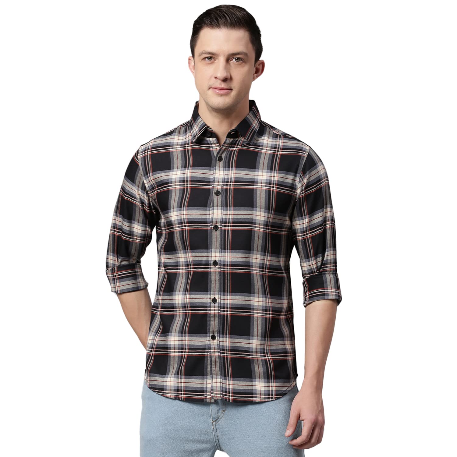 Dennis Lingo MenS Cotton Tartan Plaid Checkered Slim Fit Casual Shirt, Full Sleeve Shirt For Formal & Casual Wear (C4113_Black,