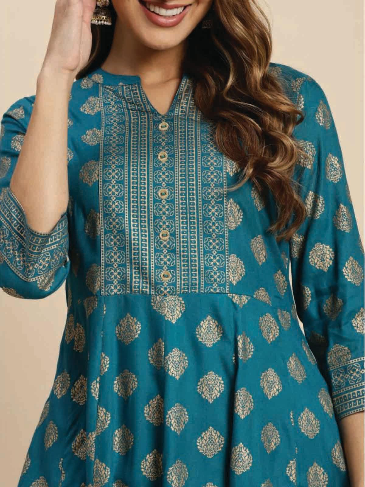 rangita Teal Rayon Calf Length Printed Flared Kurti for Women | Kurta for Women