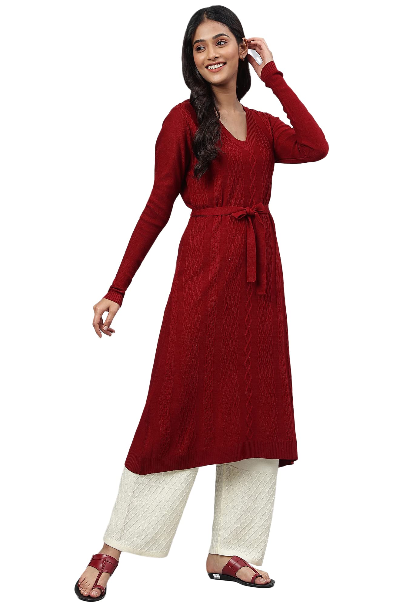 Red A-Line Plus Size Winter Kurta With Belt