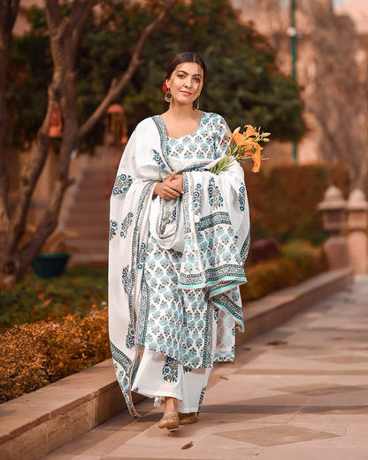 GoSriKi Women's Cotton Blend Traditional Straight Printed Kurta with Pant Set (Jaipuri White_GS)