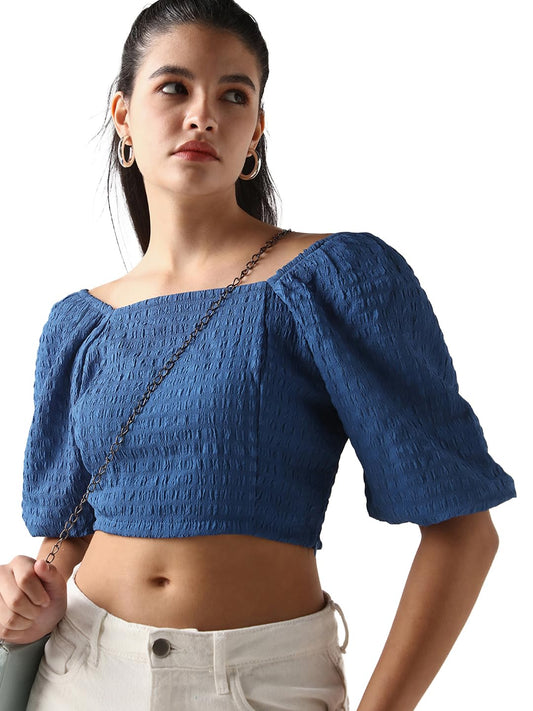 Bewakoof Womens Textured Regular Fit Half Sleeve Square Poly Spandex Short Top_648492_Blue_XL