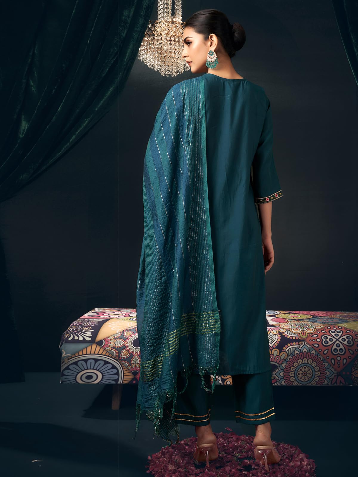 Sanisa Women's Silk Blend Embroidery Straight Kurta with Pant and Dupatta Set