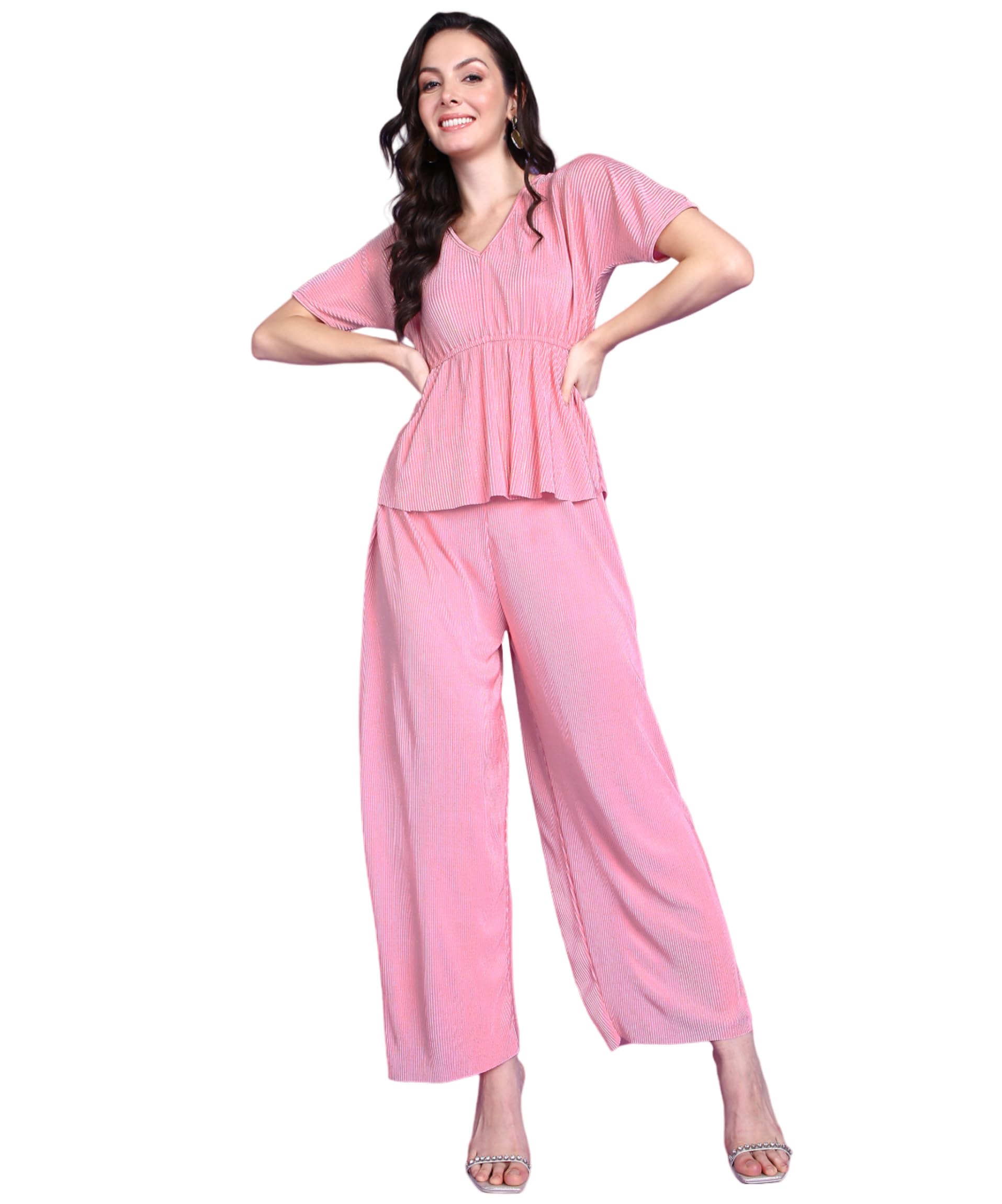 POPWINGS Casual Solid Wrinkle Peplum Top and Palazzo Co-Ord Set for Women | Stylish Western Co-ord Set for Summer | Top and Pala
