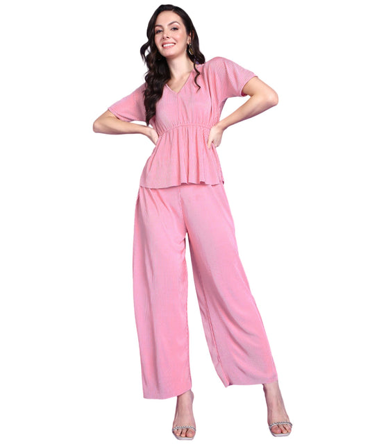 POPWINGS Casual Solid Wrinkle Peplum Top and Palazzo Co-Ord Set for Women | Stylish Western Co-ord Set for Summer | Top and Pala