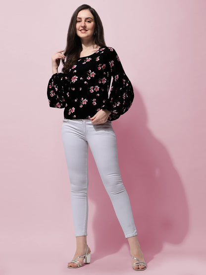 Black Floral Print Blouson Top in Crepe Fabric with Round Neck and Full Sleeve