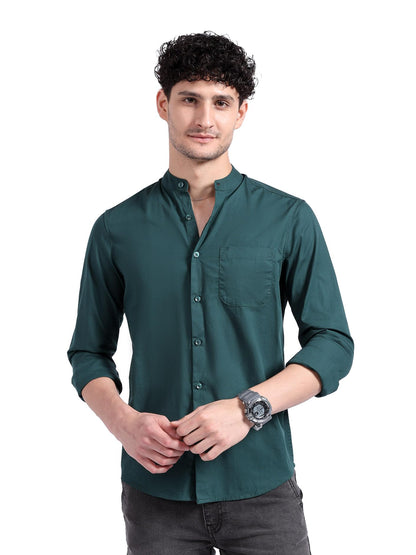 The Indian Garage Co Blue Regular Fit Mandarin Collar Solid Long Sleeves Shirt