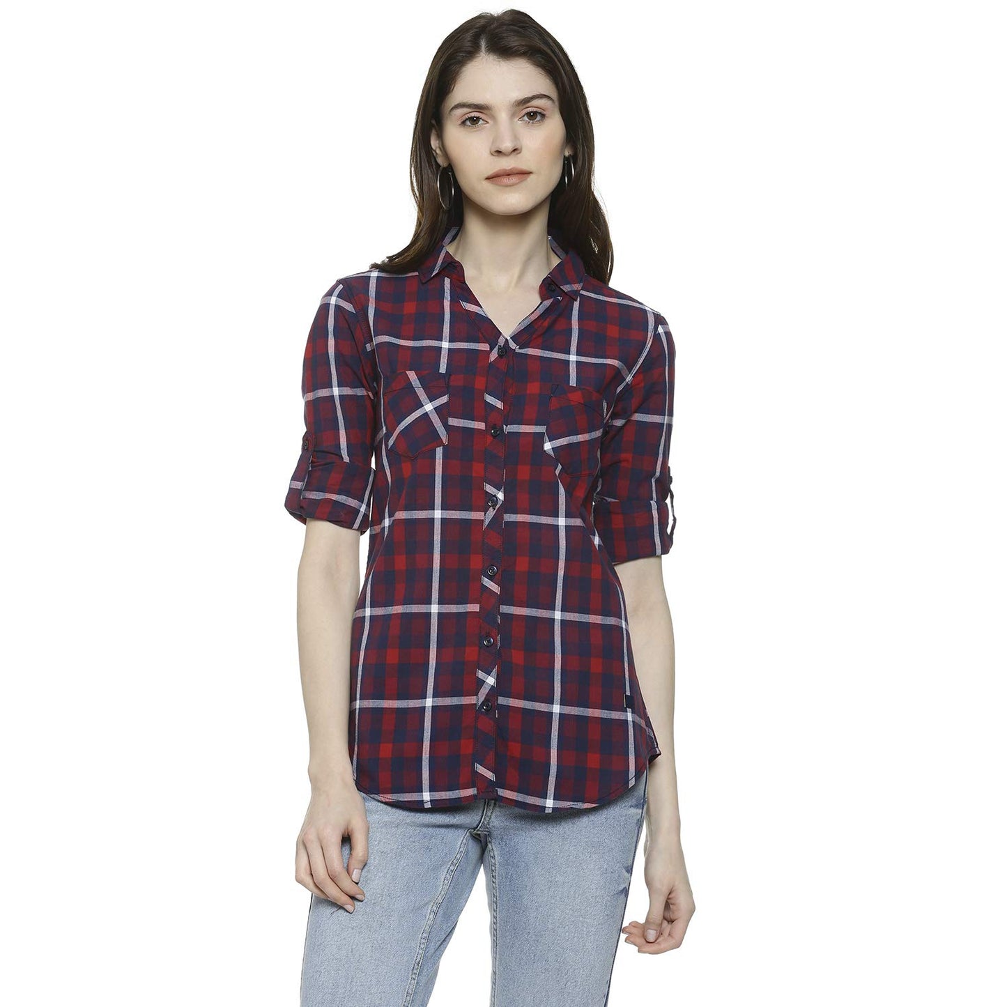 Campus Sutra Womens Red Tartan Plaid Button Up Regular Fit Shirt for Casual Wear | Spread Collar | Long Sleeves | Cotton Shirt
