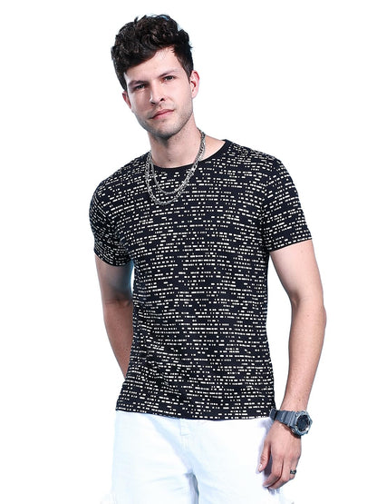 The Indian Garage Co Men Slim Fit Abstract Printed Round Neck Tshirt Black