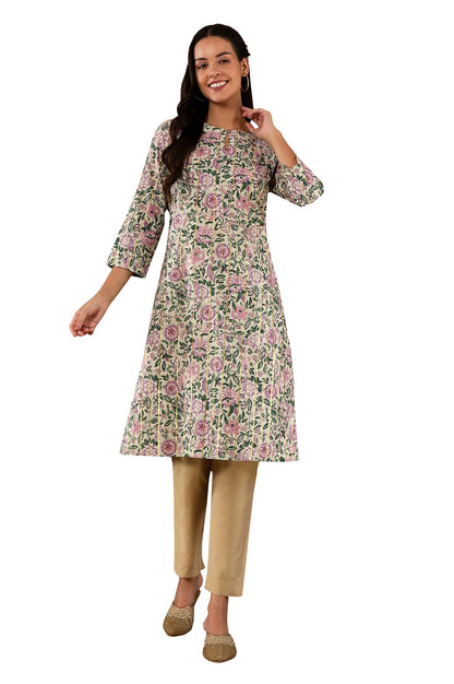 W For Woman Off-W For Womanhite Floral Printed Gota Embellished Cotton Straight Long Kurta