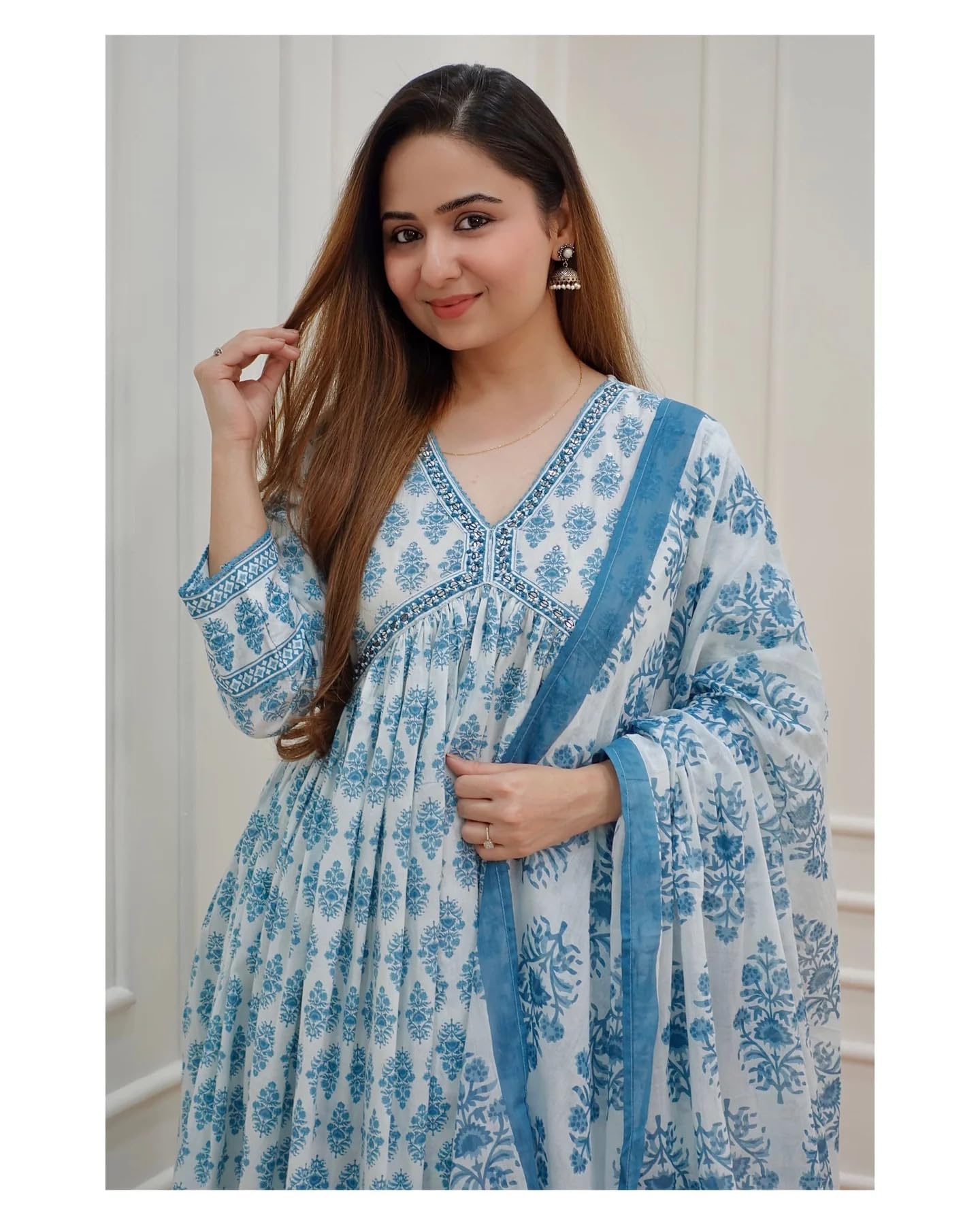 KLOSIA Women Viscose Anarkali Printed Kurta and Pant Set with Dupatta