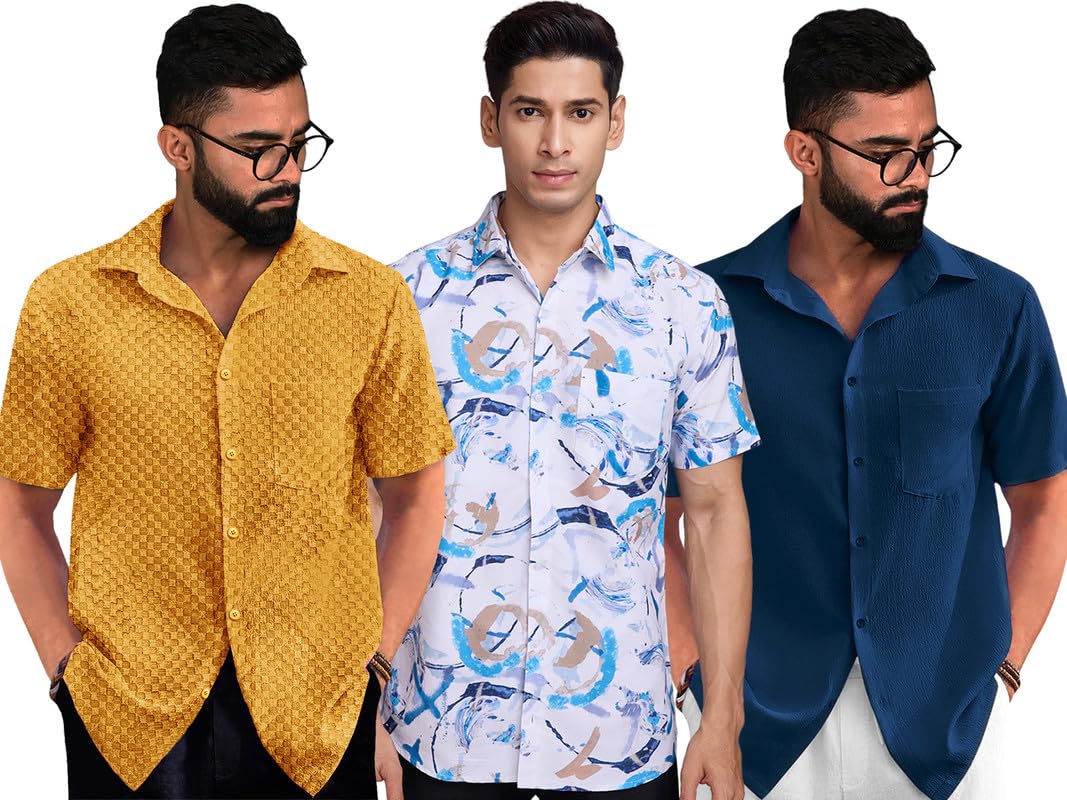 Pinkmint Shirt Combo for Mens l Stylish Half Sleeve Popcorn & Printed Shirt Combo l Beach Wear l Regular Home Wear (Pack of 3)