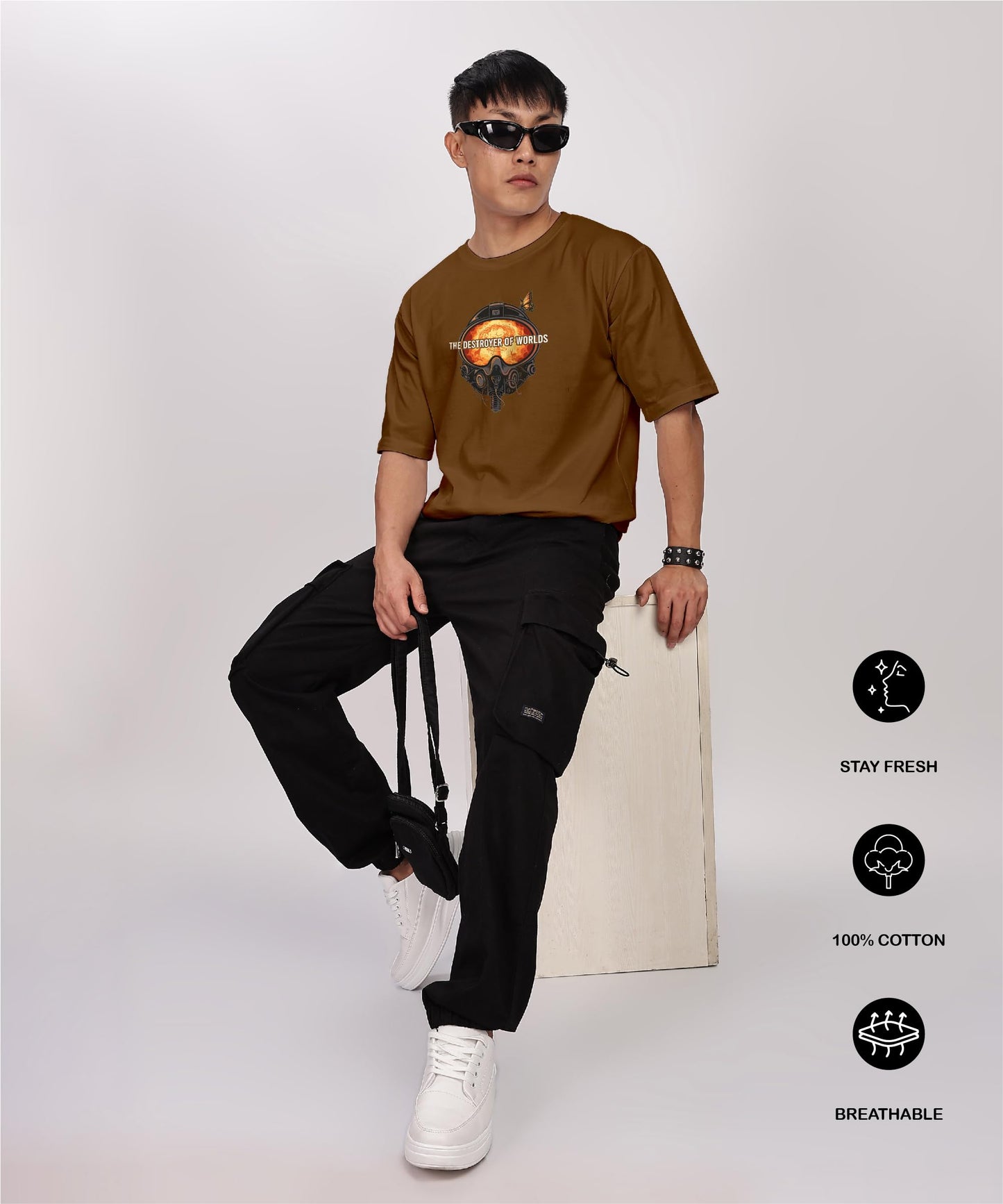 SHODOX Mens 100% Cotton Oversized Half Sleeve Tshirt for Men - Drop Shoulder Front and Back Printed Round Neck Tshirts, Relaxed