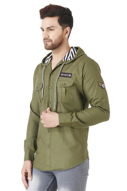Besix MenS Green Tailored Fit Cotton Blend Shirt For Man With Hoodie - Casual Long Sleeve Shirt With Pockets - Patch Detail For