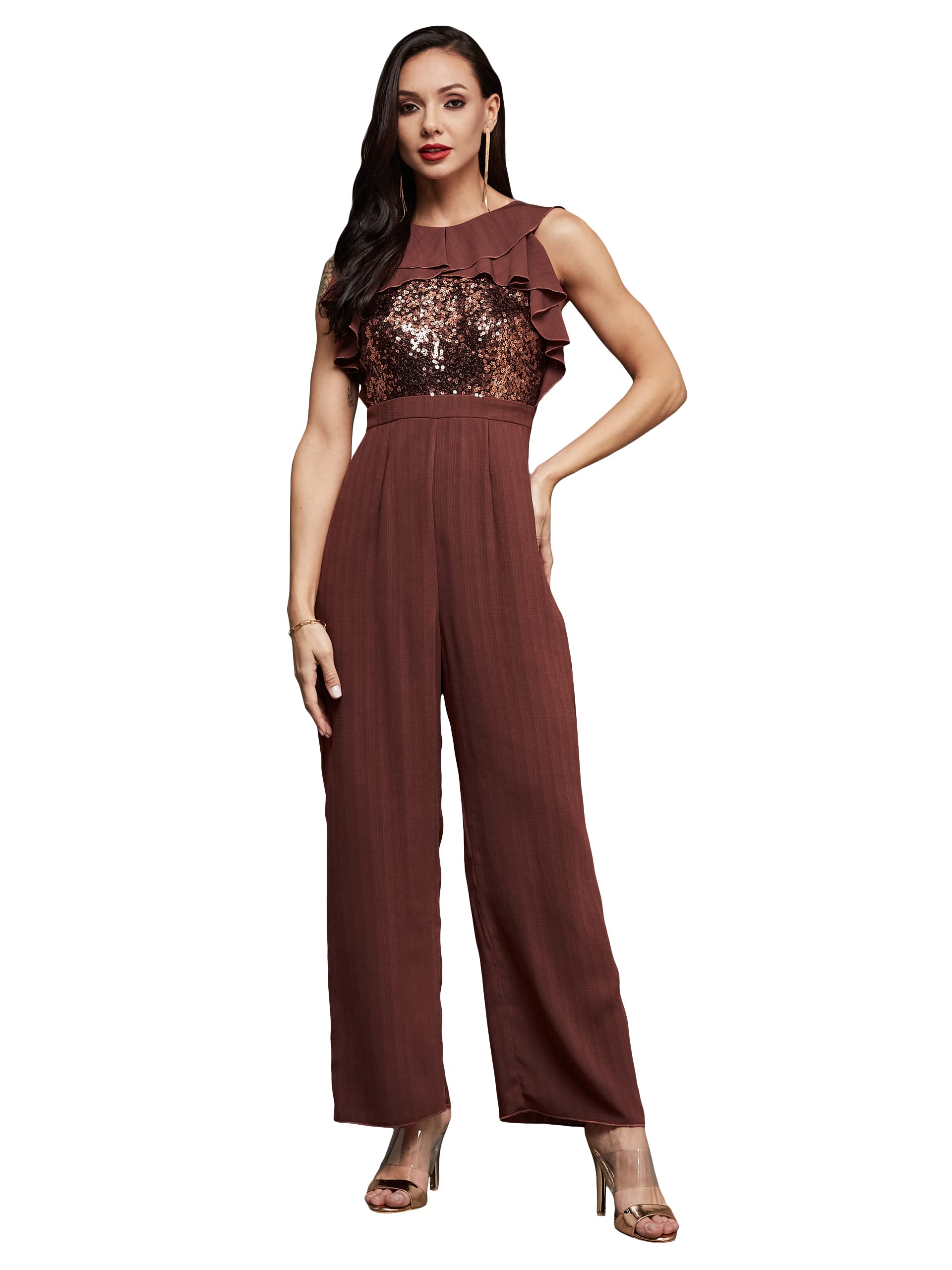 Miss Chase WomenS Halter Neck Sleeveless Embellished Crepe Ruffled Regular Jumpsuit (Mcss23D15-73-250-06, Light Burgundy, Xl)